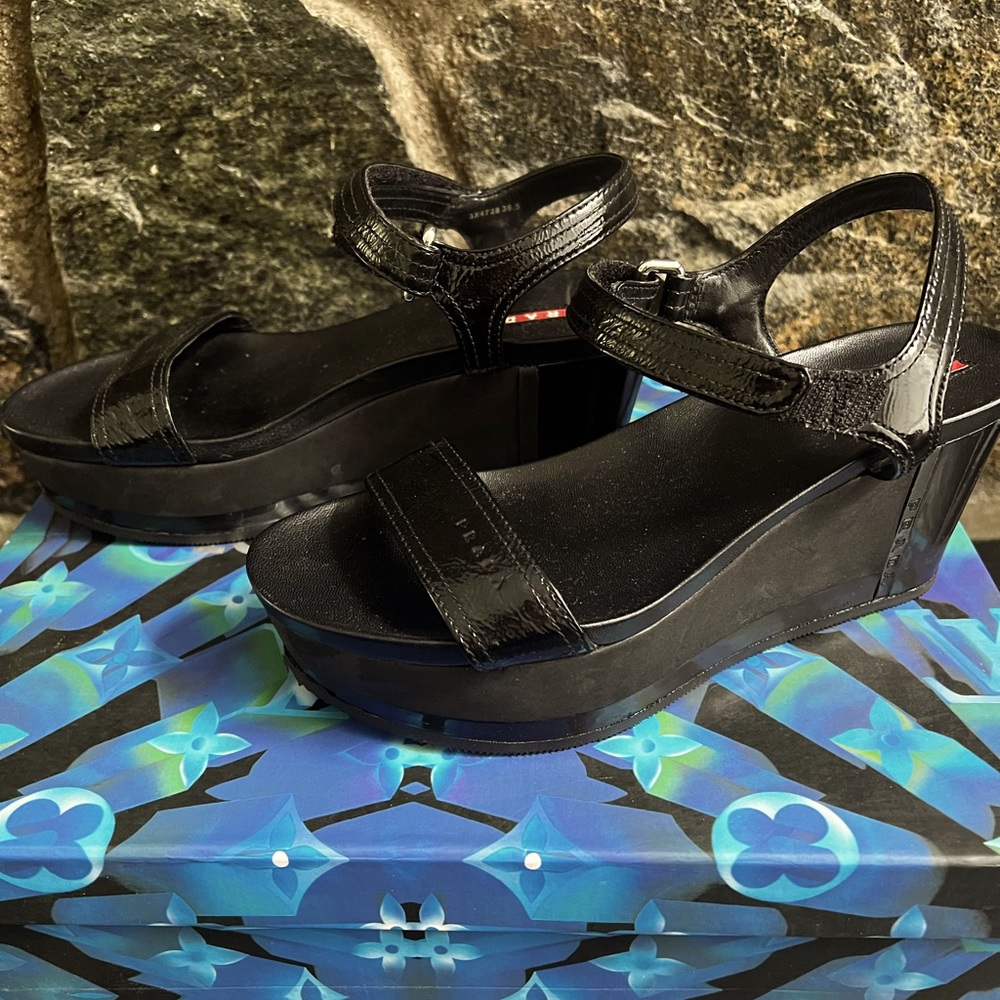 Prada Ankle Strap Platform Wedge Sandals, Size 37